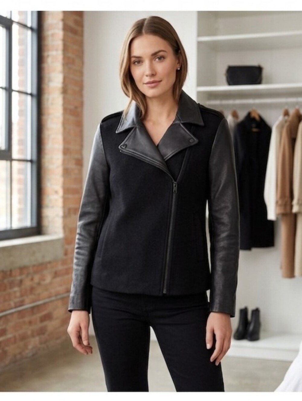 DANIER moto jacket with leather collar and arms size small